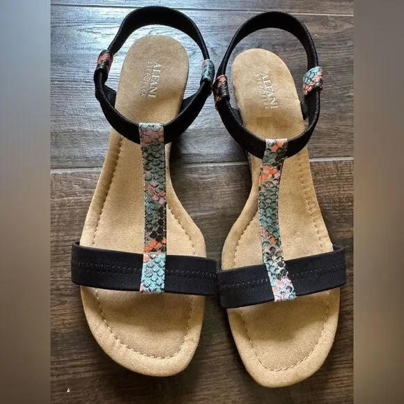 Alfani Vacanzaa Step N Flex Snakeskin Wedge Sandals Black Multi 10M NWOT - Picture 7 of 14